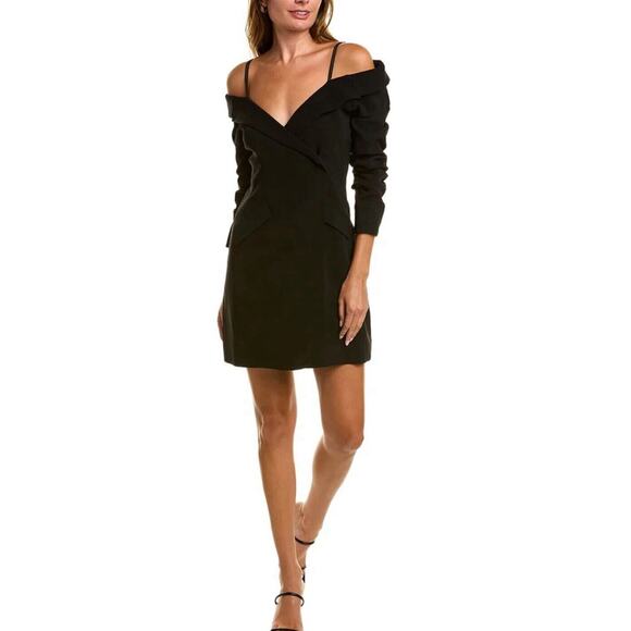 Cinq a Sept Simona Tailored Mini Dress Size 0 Black Off Shoulder Ruched Sleeves - Picture 2 of 9